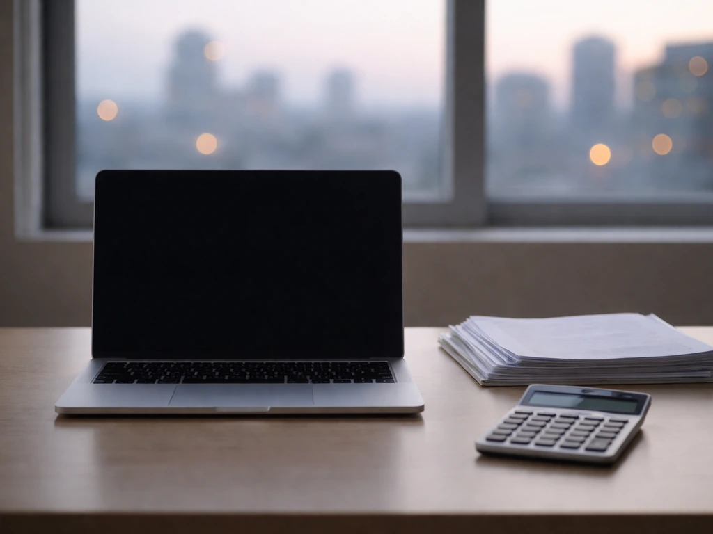 Minimal office desk scene symbolizing private tech valuation uncertainty without any text or charts.