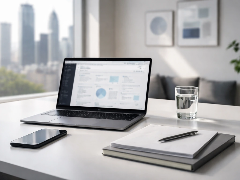 Modern desk with laptop, smartphone, and city window—symbolic business timeline without any person.