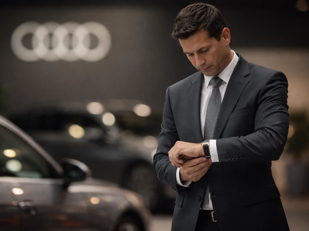 Anonymous suited executive at an Audi event near a car display, background softly blurred.