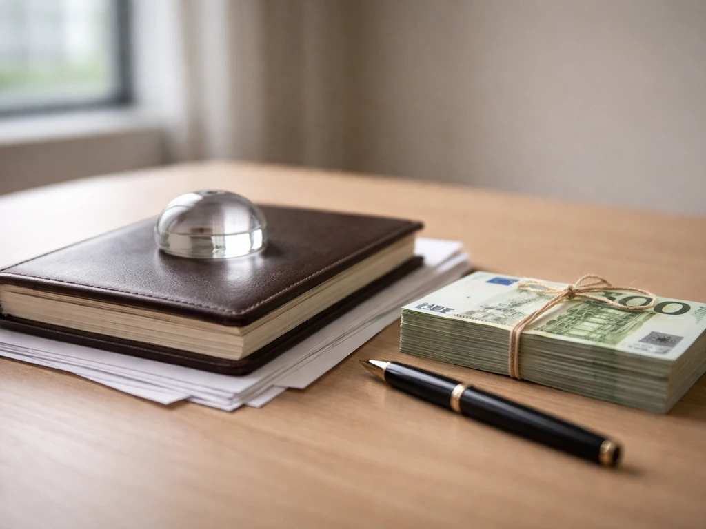 Minimal desk scene with a money bundle and a closed ledger representing a net-worth range estimate