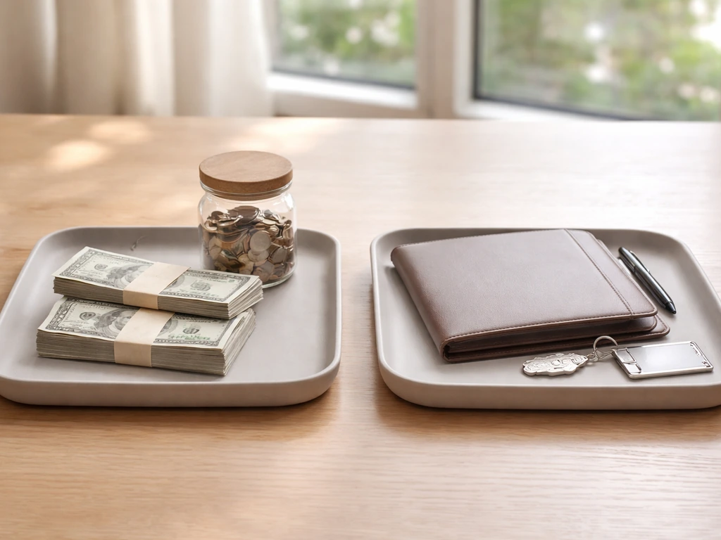 Two trays on a desk: cash/coins in one and other assets items in the other, minimal and realistic.