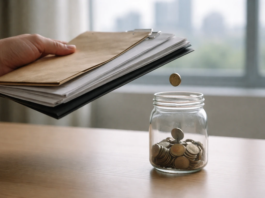 Hand over legal documents and coins in an office, symbolizing obligations reducing net worth.