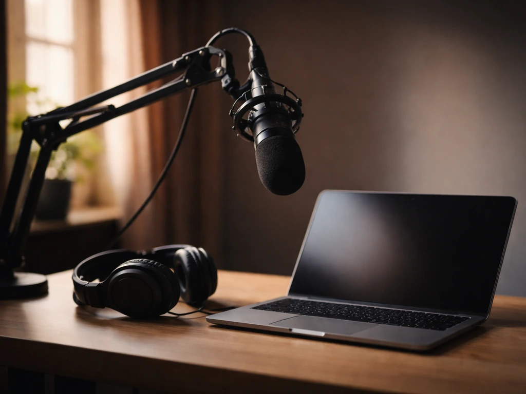 Podcast recording setup: microphone on stand, headphones, and a laptop/recorder on a quiet desk.