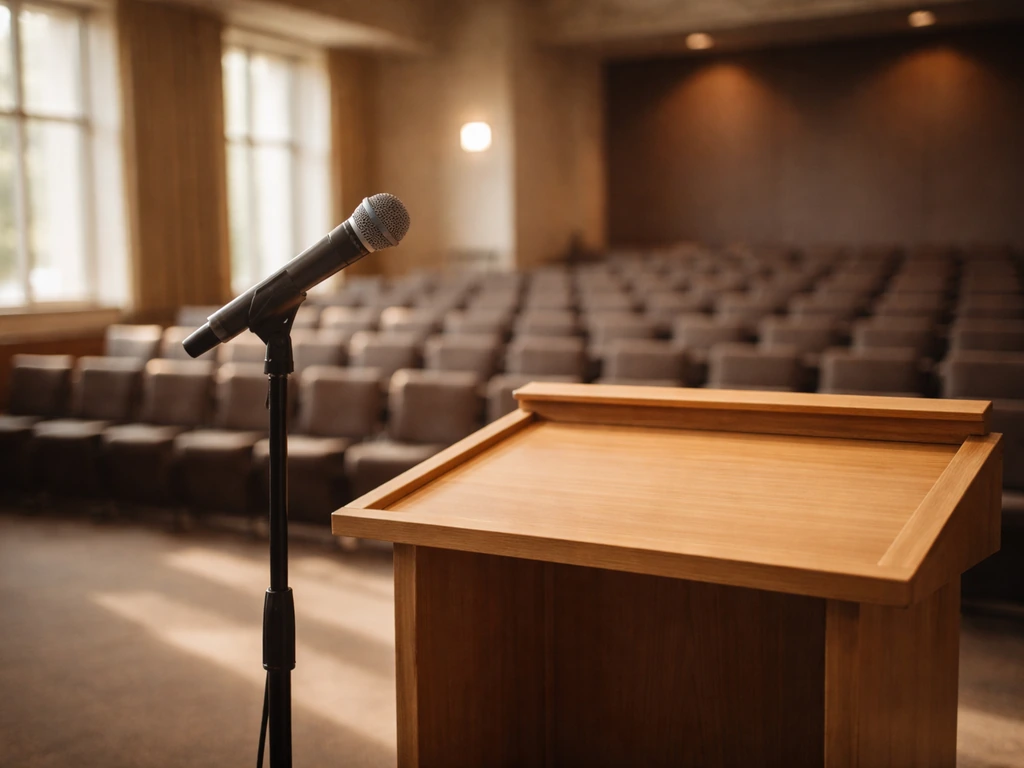 Empty university auditorium stage with a microphone and lectern, softly blurred seats in the background