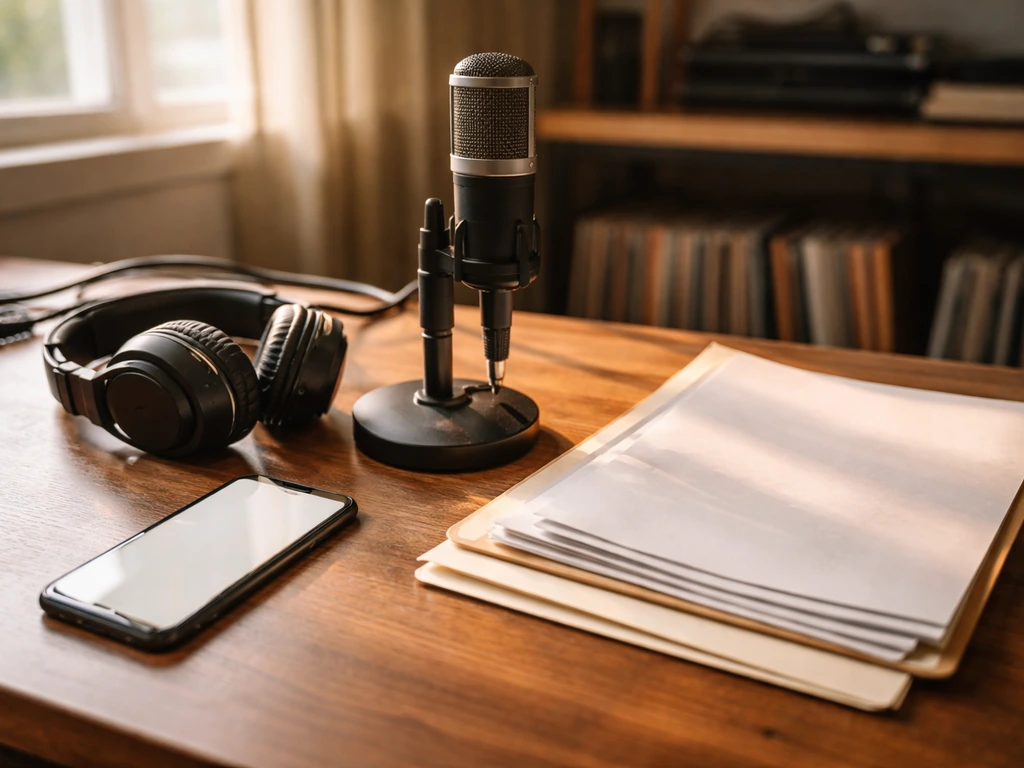 Minimal studio desk with microphone, headphones, and unlabeled papers suggesting independent music and business analysis