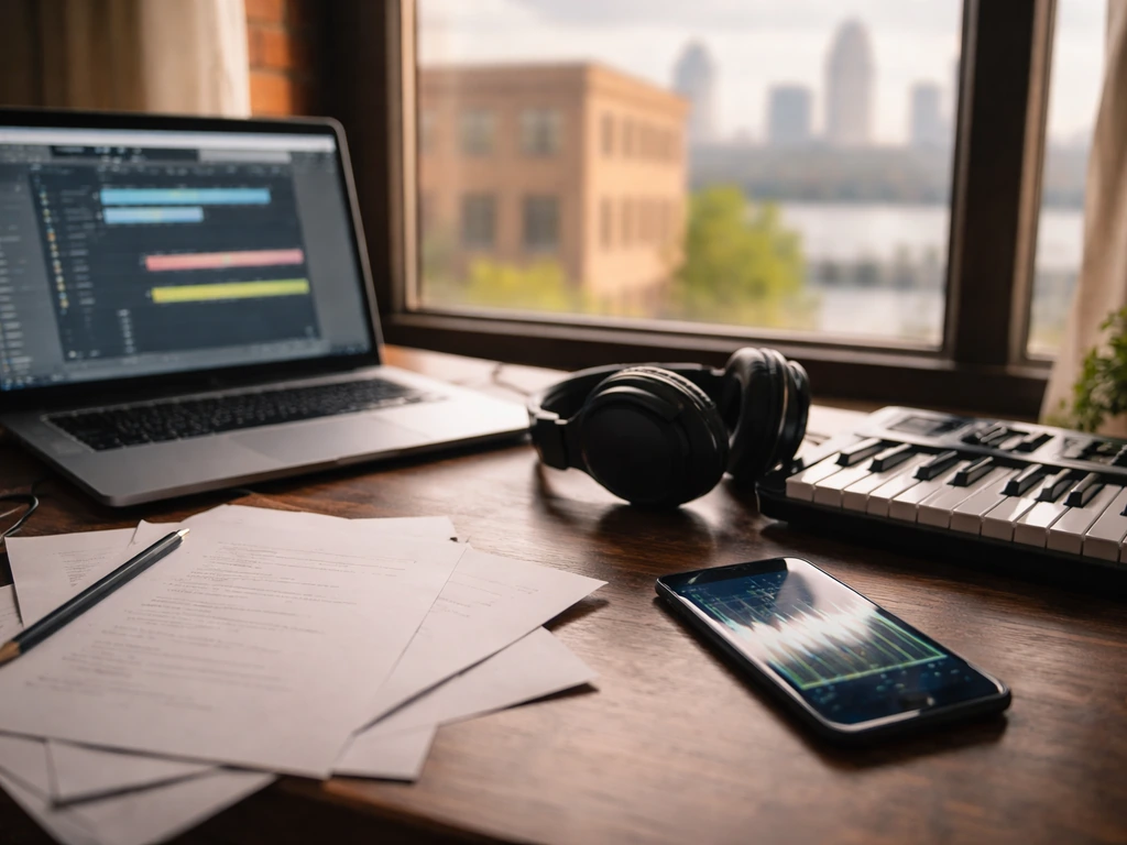 Minimal music studio desk with headphones, laptop, and a softly blurred Louisville street view through a window.