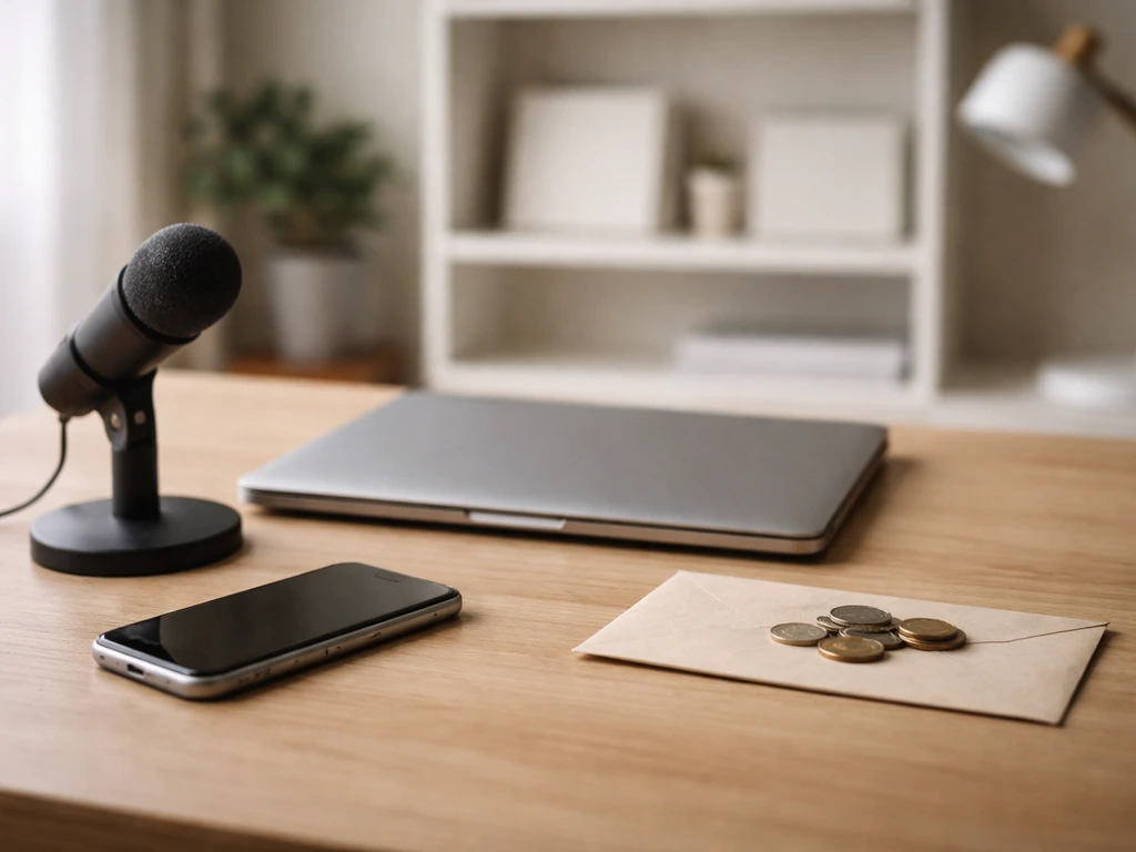 Minimal home studio desk with microphone and coins symbolizing assets minus liabilities for net worth estimates.