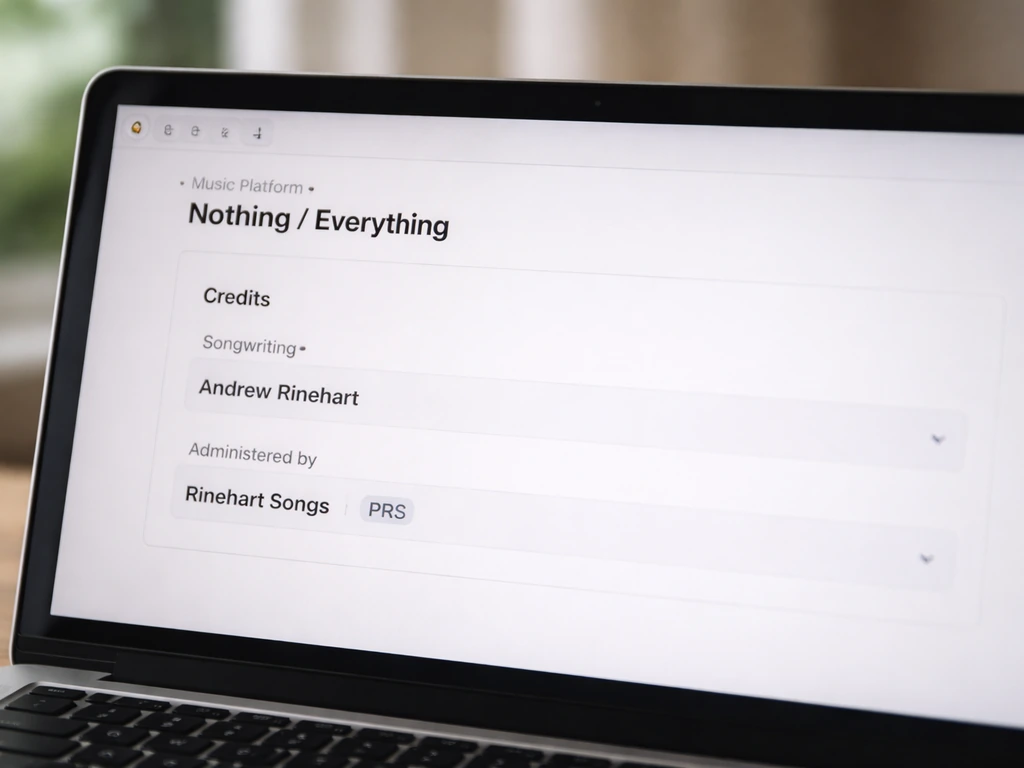 Close-up of an anonymous music credits page on a laptop showing songwriter and publishing administration details.