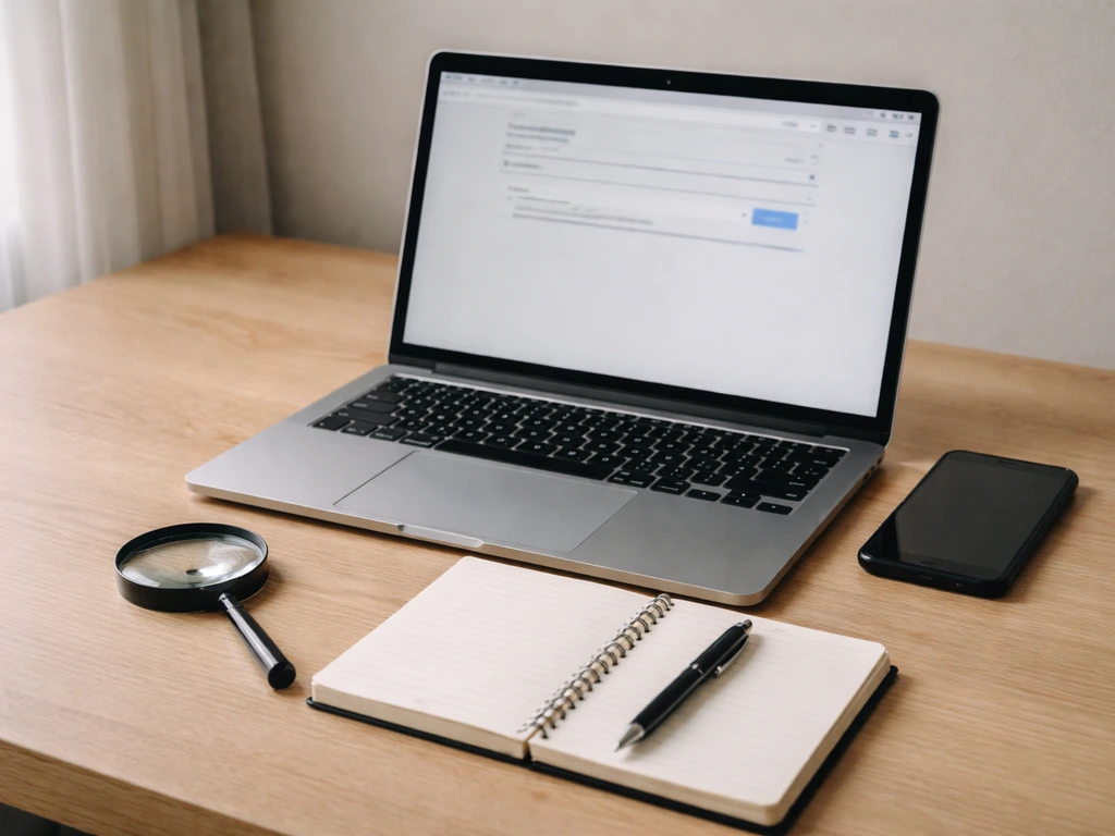 Minimal desk scene with laptop search page, notebook, magnifying glass, and phone for public record research.