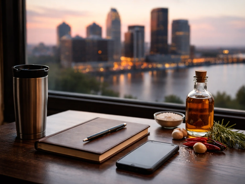 Minimal photo of a finance-minded entrepreneur workspace with Louisville skyline glow in the background