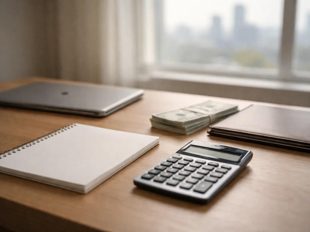 Calculator, blank notepad, cash, and laptop on a simple desk symbolizing business net worth estimation inputs.