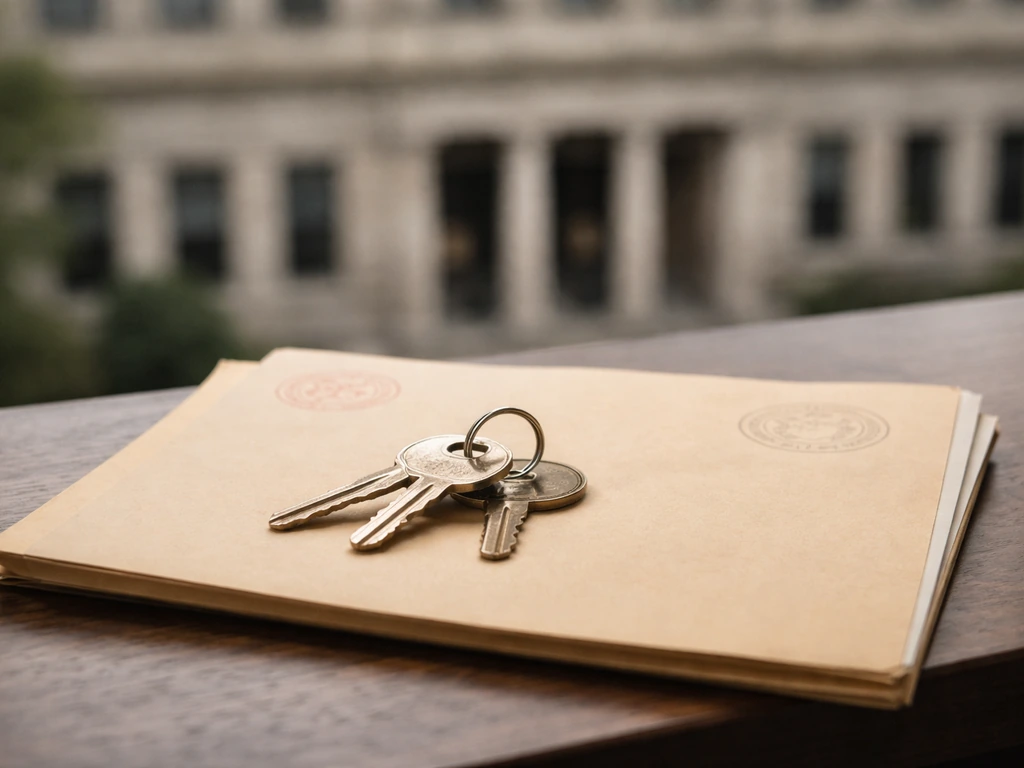 Keys and a manila property-records folder in front of a courthouse, representing Louisville real estate records.