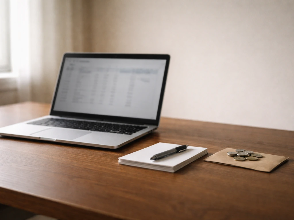 Minimal desk scene with a laptop showing blurred finance documents, pen, and scattered index cards, symbolic of net wort