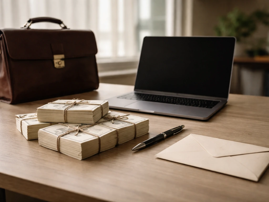 Minimal office desk scene with briefcase, envelope, pen, and cash-like stacks symbolizing executive compensation