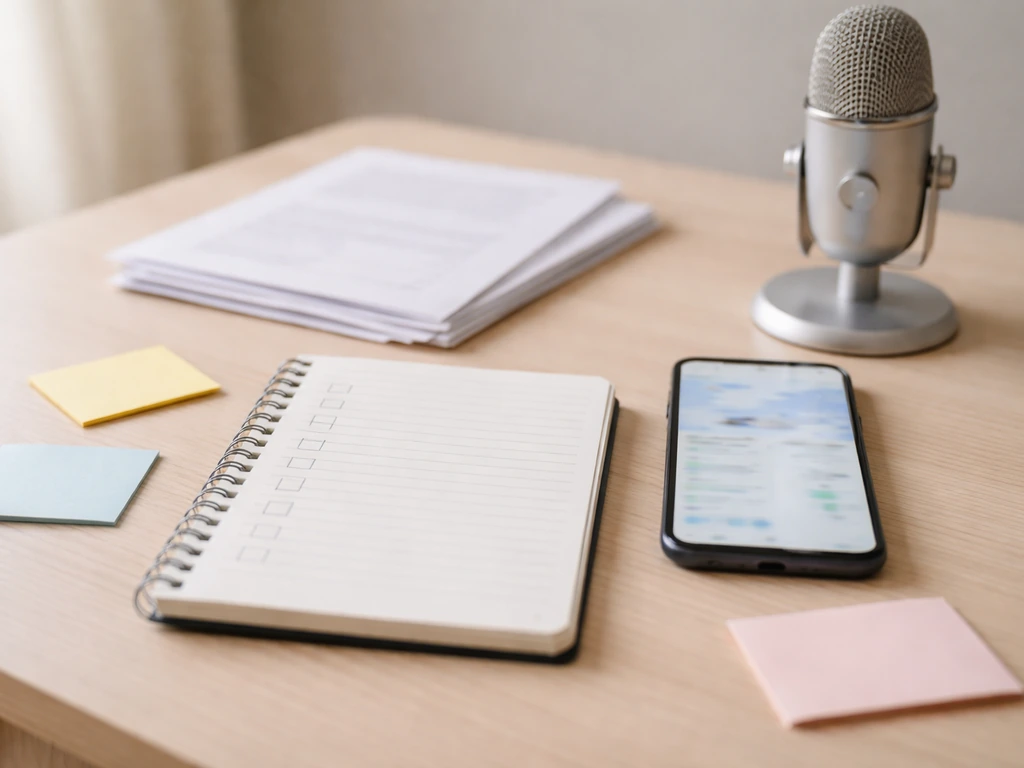 Minimal desk with blank checklist page, blurred phone finance screen, and documents for fact-checking.