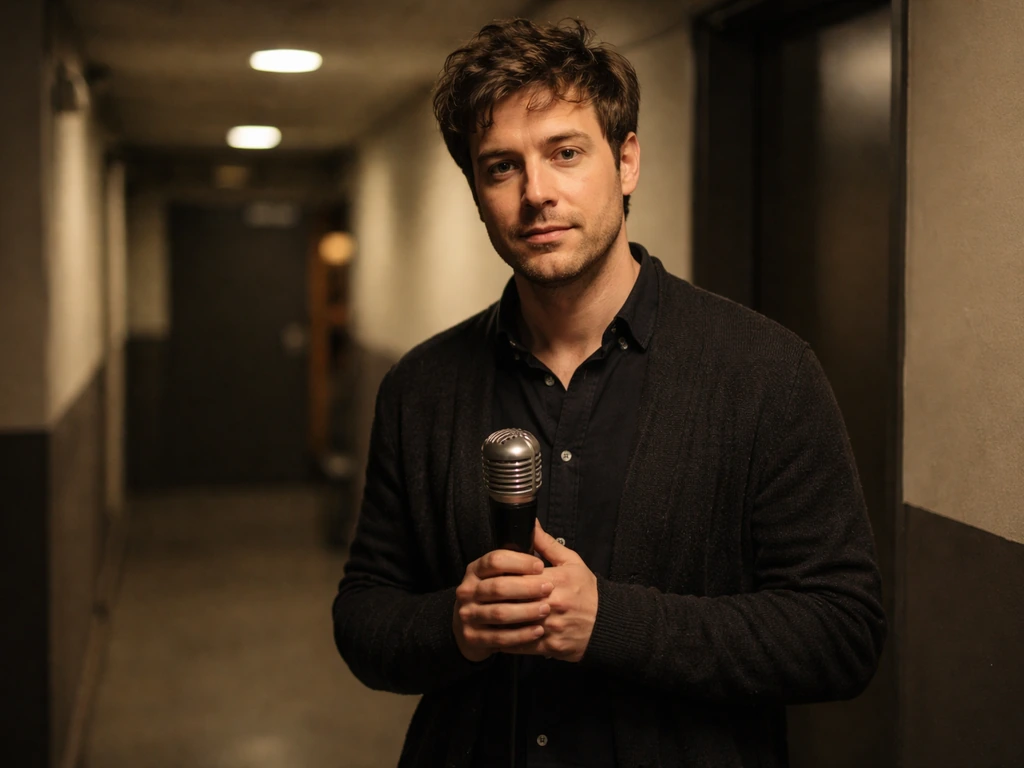 British actor-like man in costume holding a microphone in an empty studio, evoking Friday Night Dinner vibe