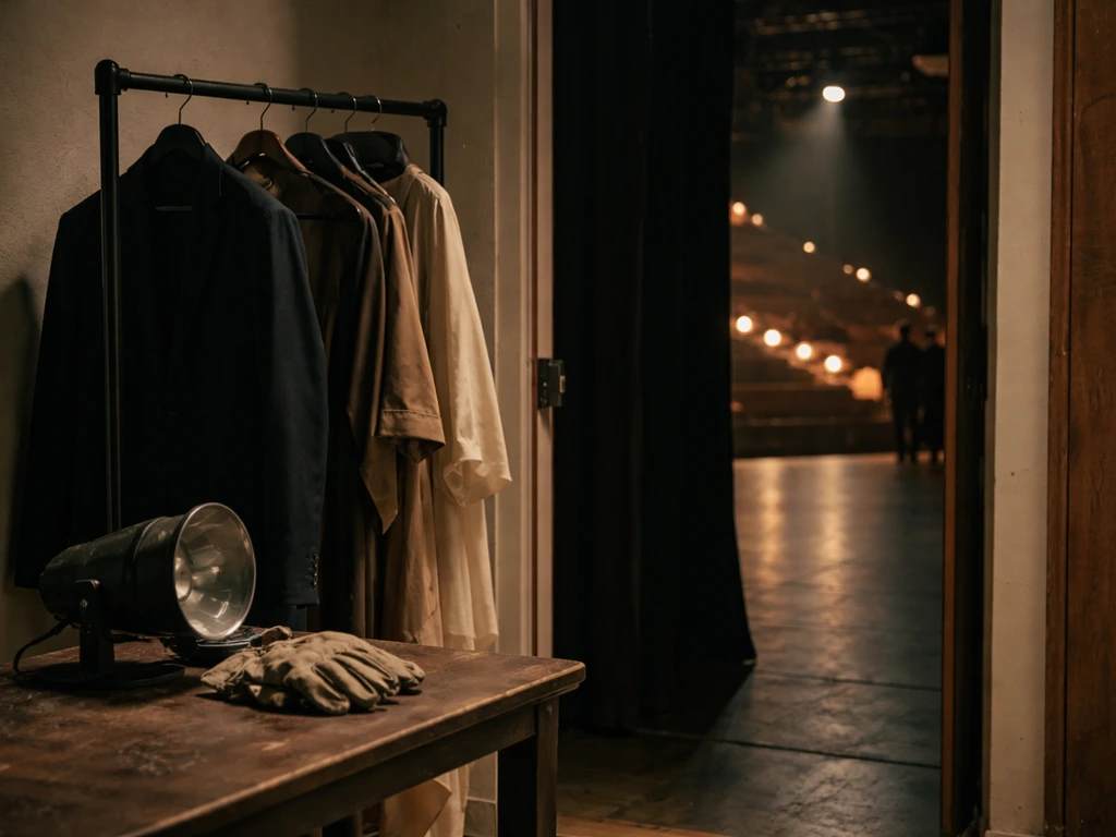 Theater backstage with props and softly glowing house lights, suggesting an actor’s stage work environment
