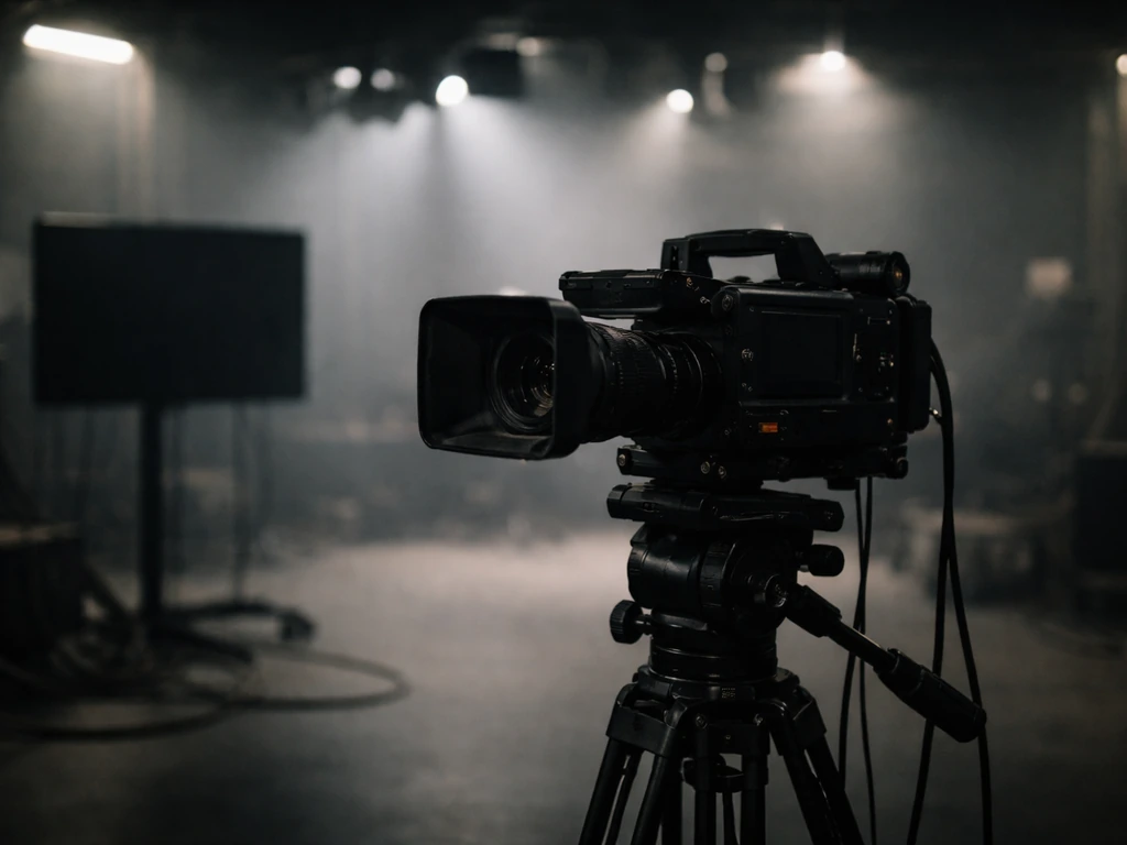 Dimly lit television studio set with a vintage broadcast camera, evoking prestige TV and international exposure.