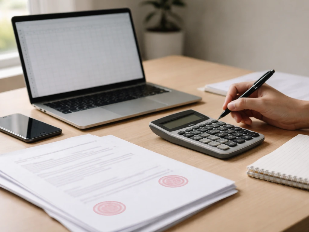 Office desk with calculator and documents beside a laptop, suggesting auditing net-worth figures without text.
