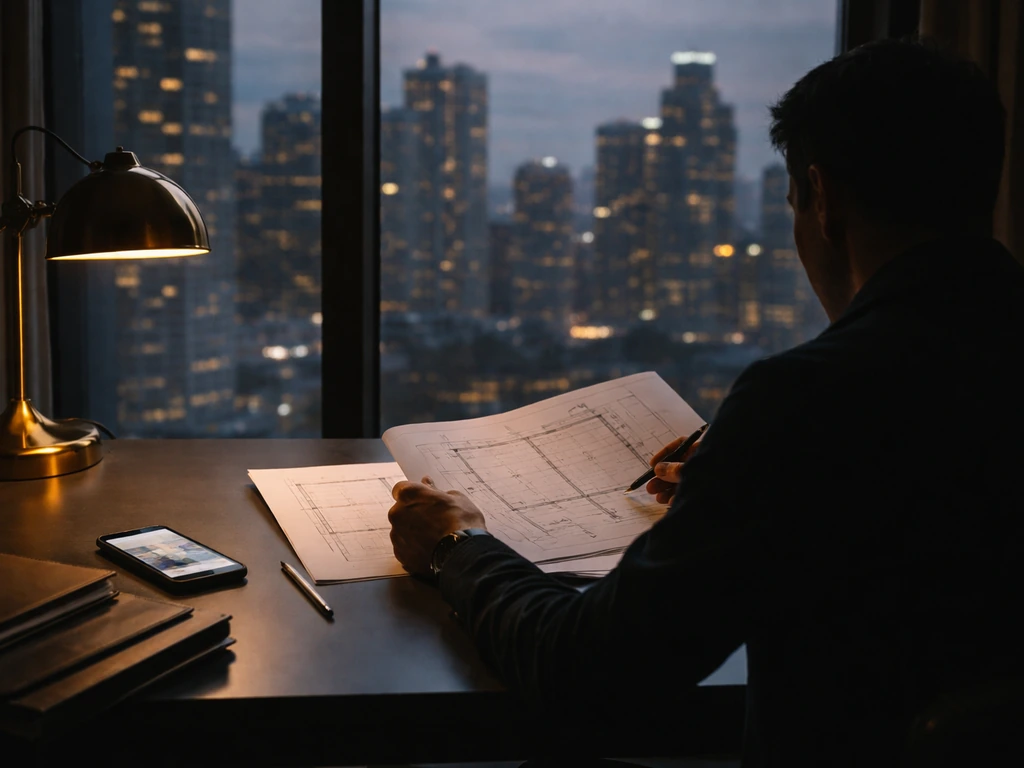Anonymous figure in a modern office reviewing property folders beside a window city view.