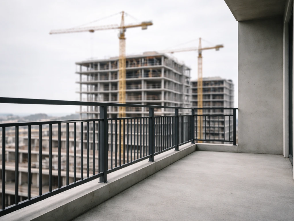 Minimal photo of a modern apartment building under development with cranes in soft background.
