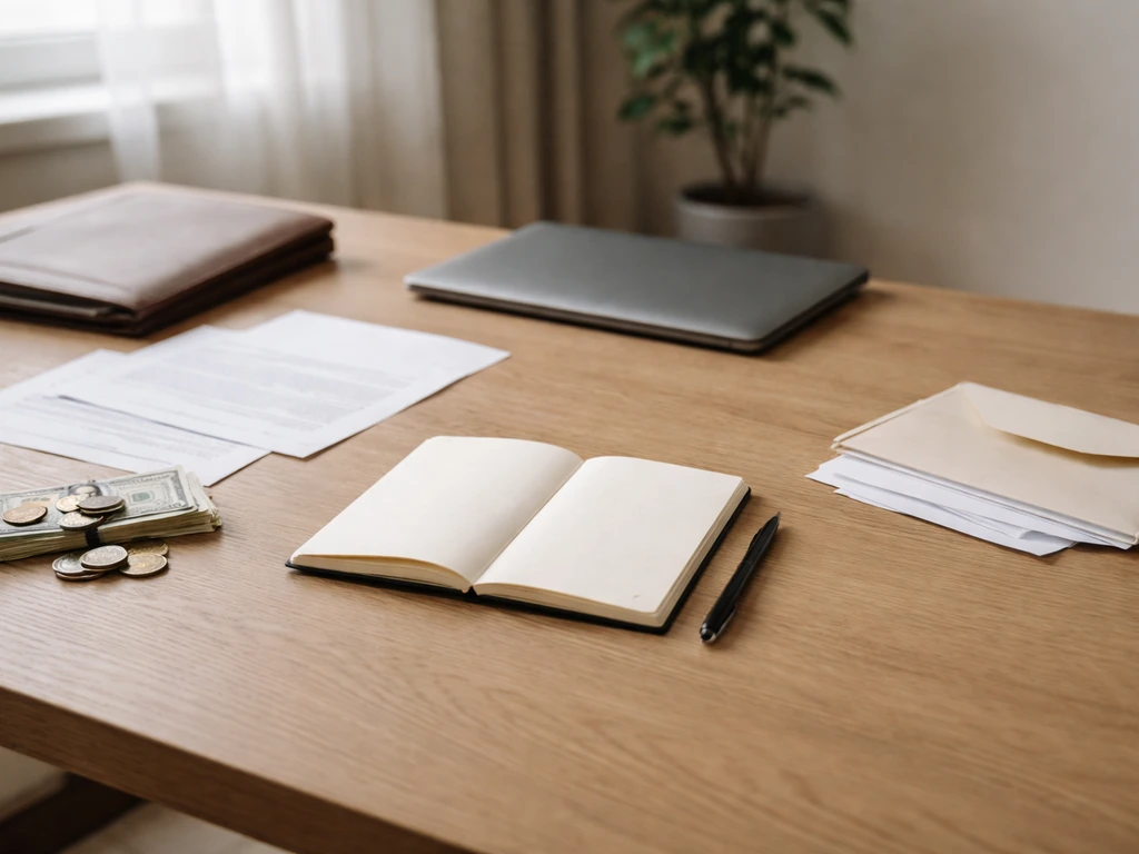 Minimal photo of a private finance workspace with cash, a laptop, and documents implying assets minus liabilities.