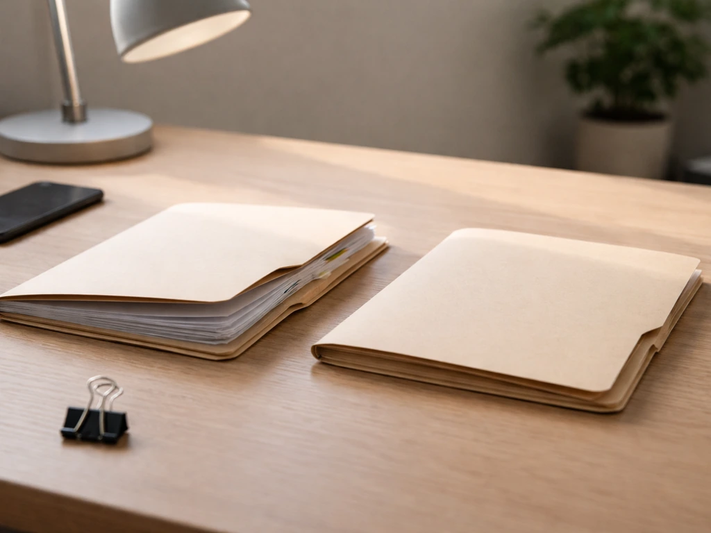 Minimal desk scene with two folders of documents suggesting confirmed vs inferred ownership.