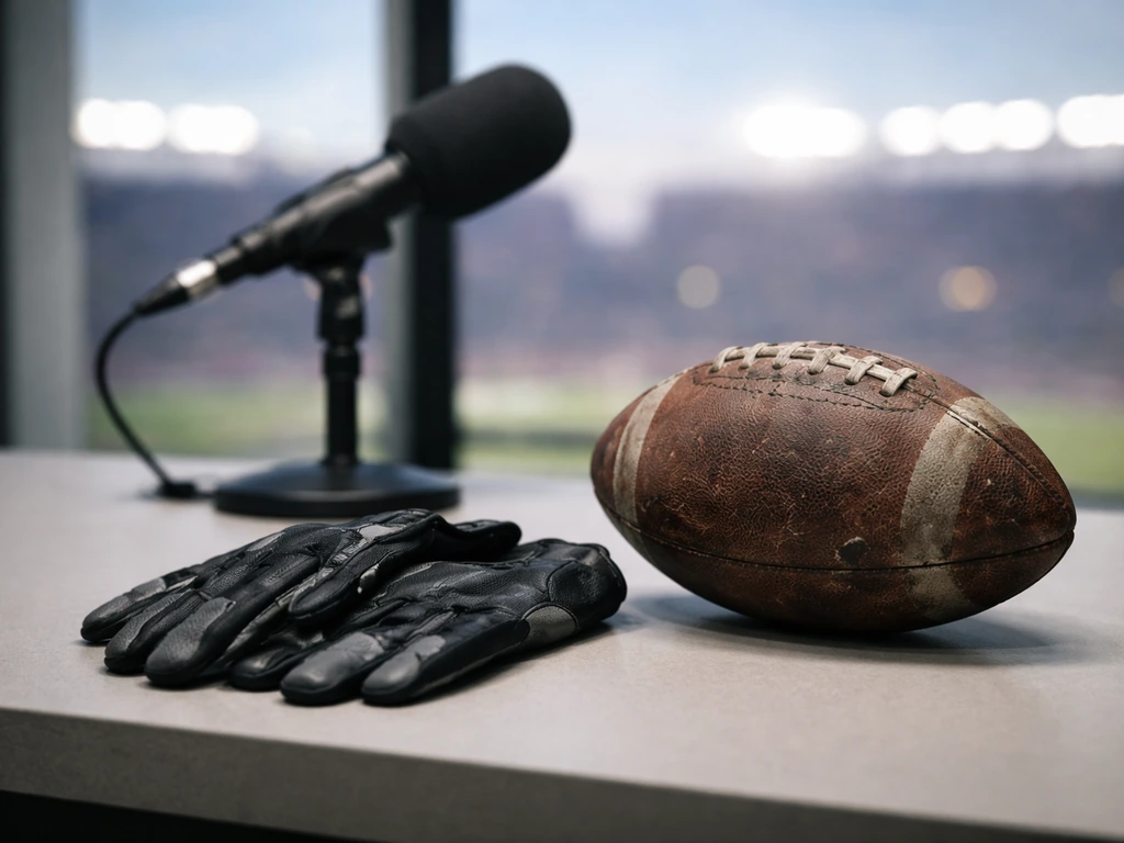 Anonymous football memorabilia and a dark media studio desk suggesting a Raiders wide receiver search