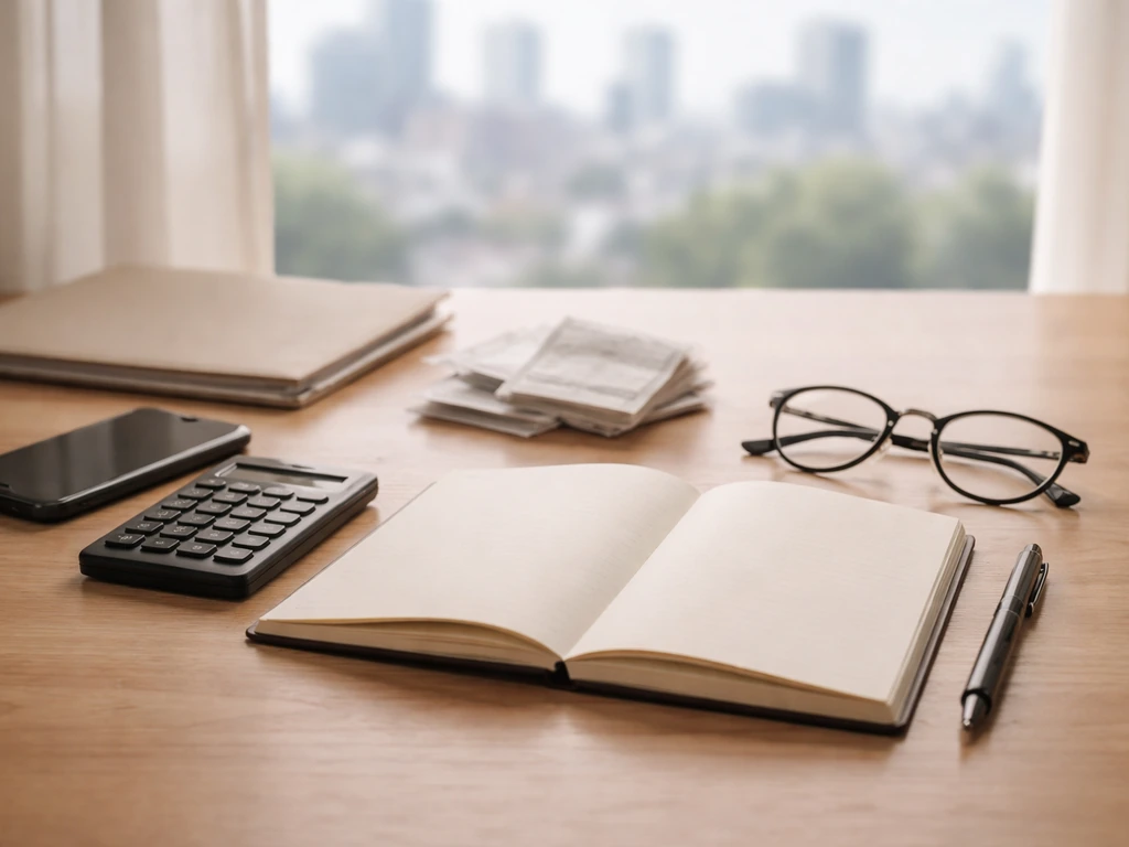 Minimal desk scene with calculator, notebook, receipts, and pen suggesting financial estimate methodology.