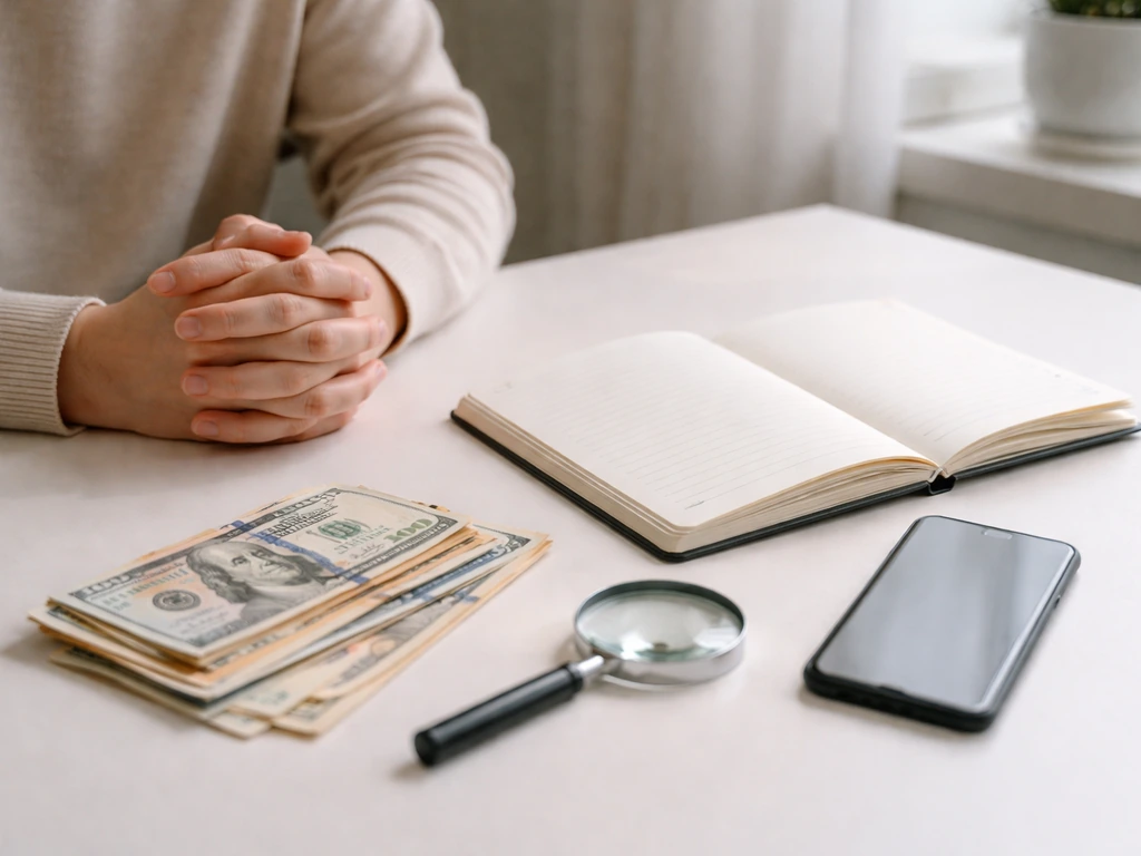 Minimal photo of a desk with scattered cash and a smartphone beside an open notebook, symbolizing conflicting net worth