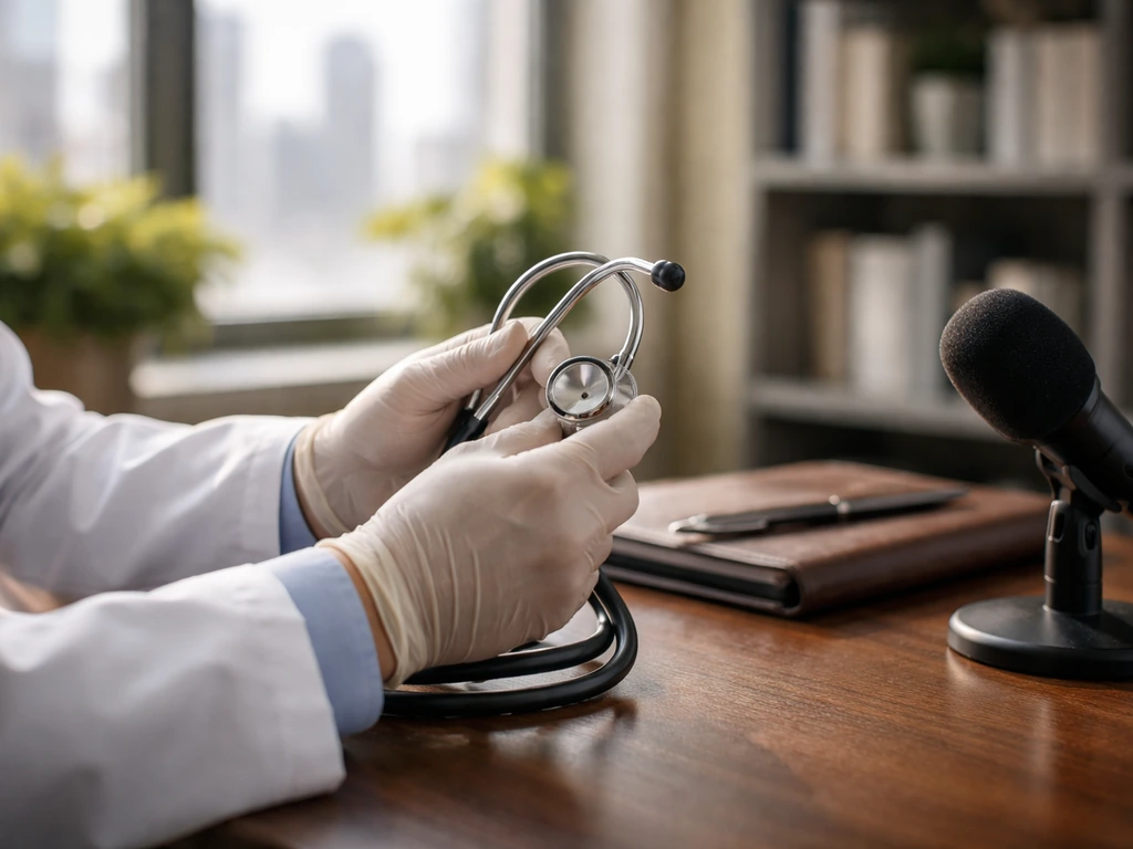 Anonymous doctor’s gloved hands with stethoscope beside a microphone in a modern office with a city view.