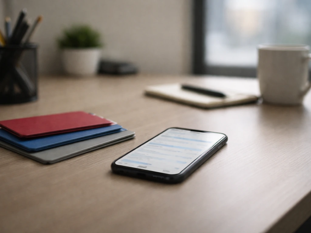 Minimal desk scene with a smartphone search bar glow and several person-like folder icons, suggesting name confusion