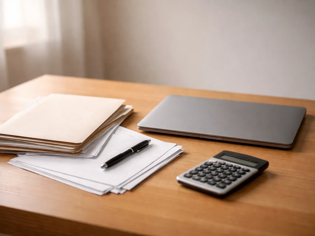 Minimal desk scene with scattered documents, a calculator, and a pen beside a closed laptop, symbolizing research inputs