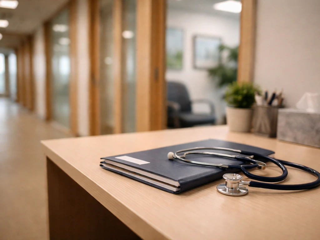 Minimal physician office scene with stethoscope on a desk and an academic medical hallway background.