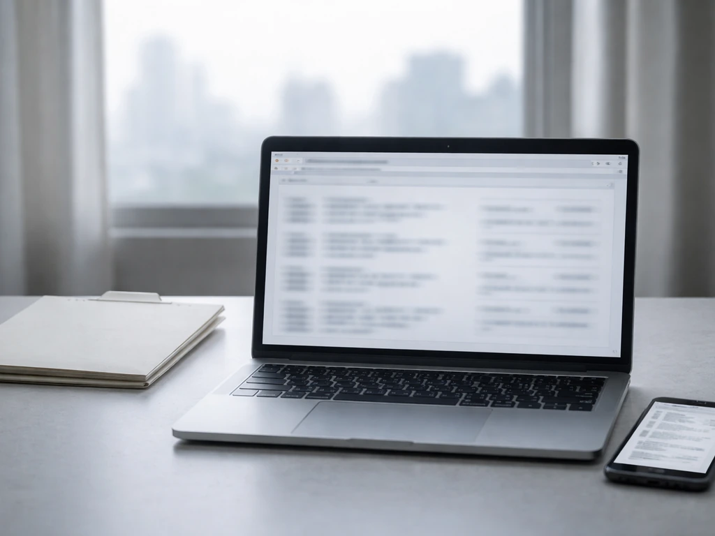 Laptop and phone on a desk showing blurred property-records search pages, suggesting no major luxury disclosures.