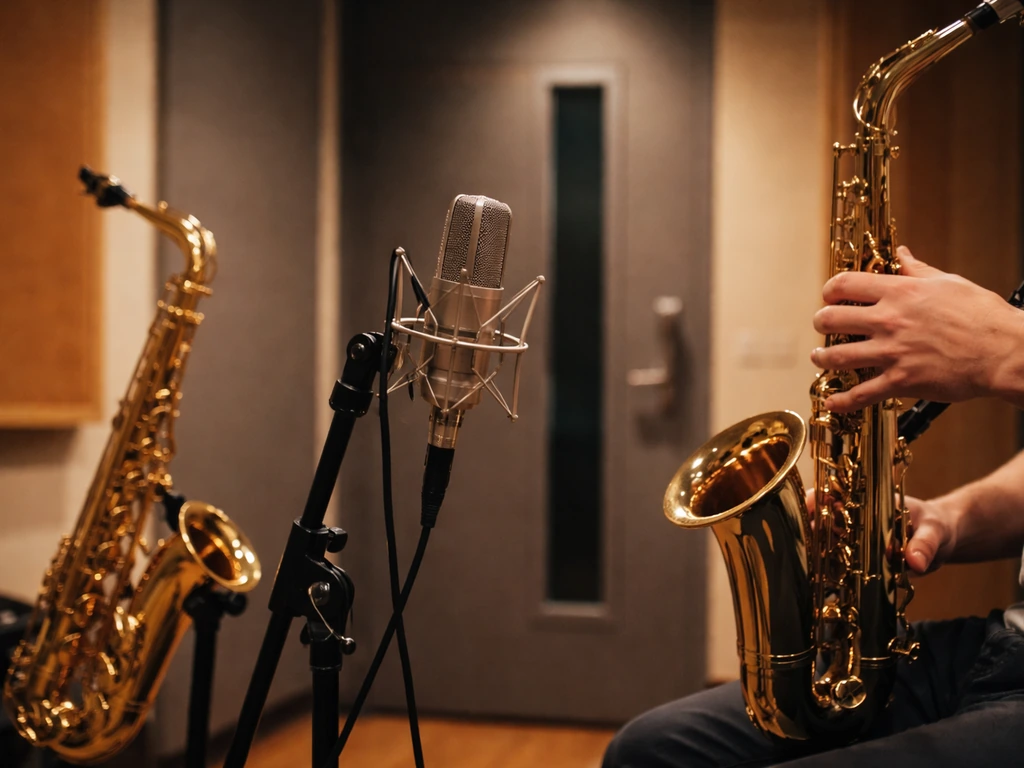 Saxophone and studio microphone in a minimal recording studio with hands playing, no face visible.
