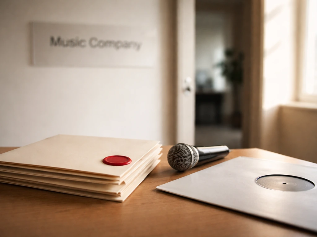 Close-up of a record label contract folder and a generic music company sign on a quiet office door
