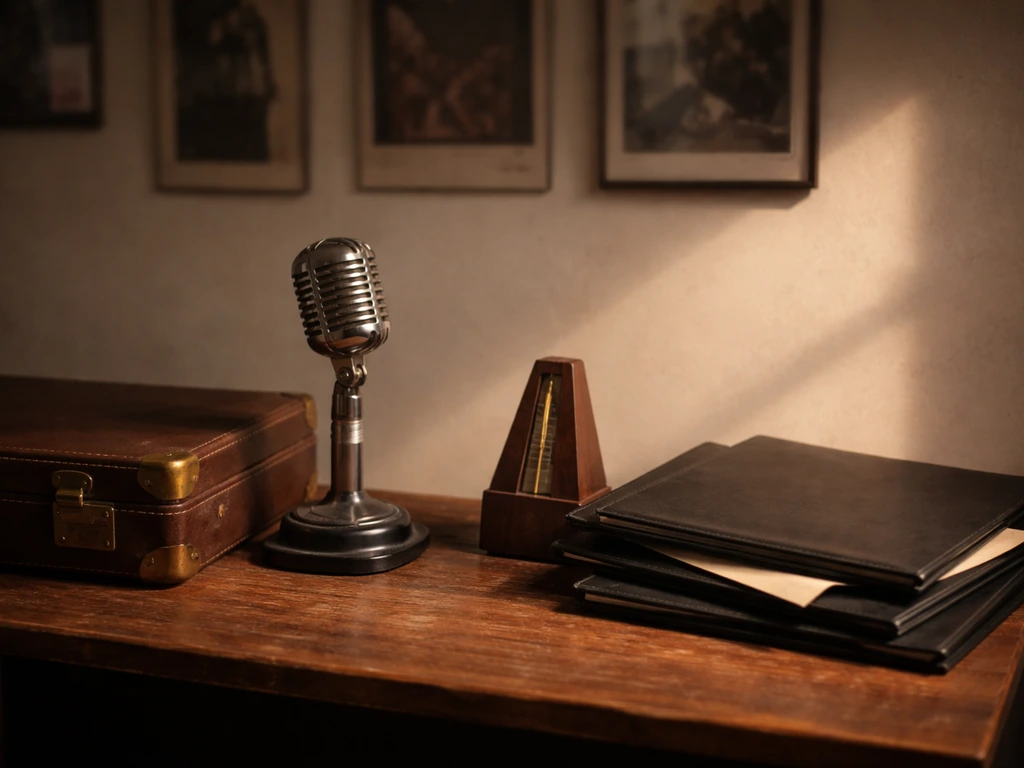 Vintage studio desk with microphone and music folders suggesting career progression, no people or text.