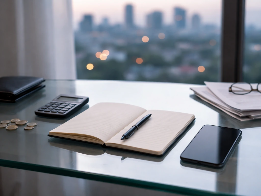 Minimal finance-analysis desk scene with calculator, coins, and a blank phone screen, implying wealth calibration.