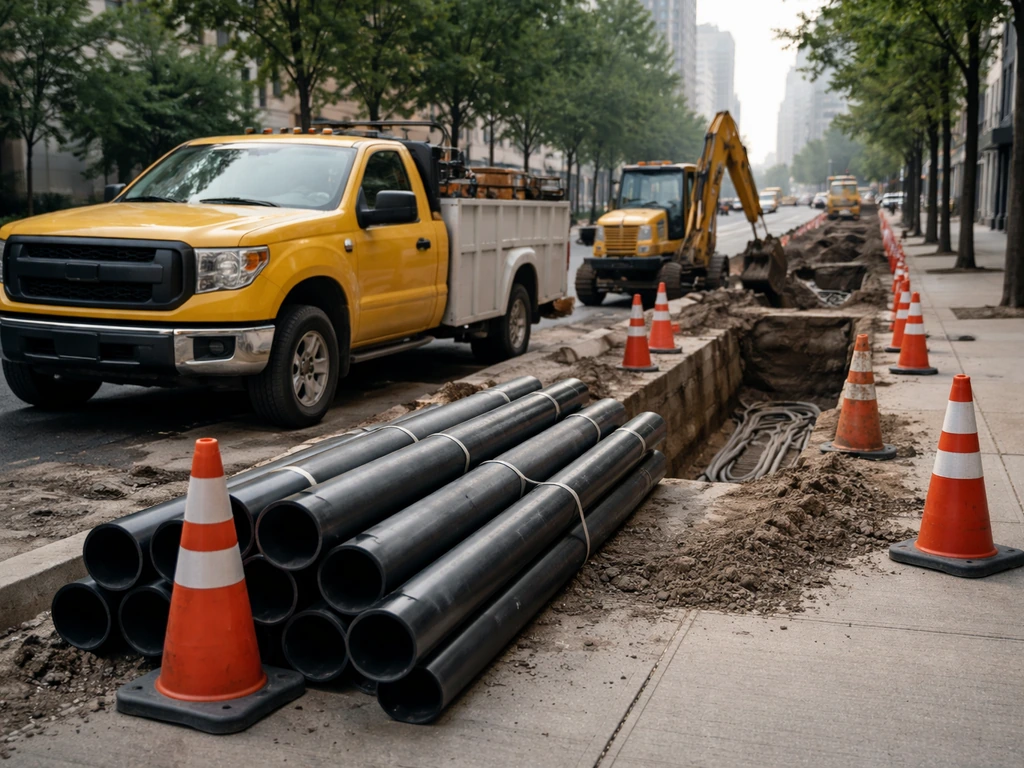 Minimal utility construction scene with an excavated trench, pipes, and a yellow contractor truck by the street.