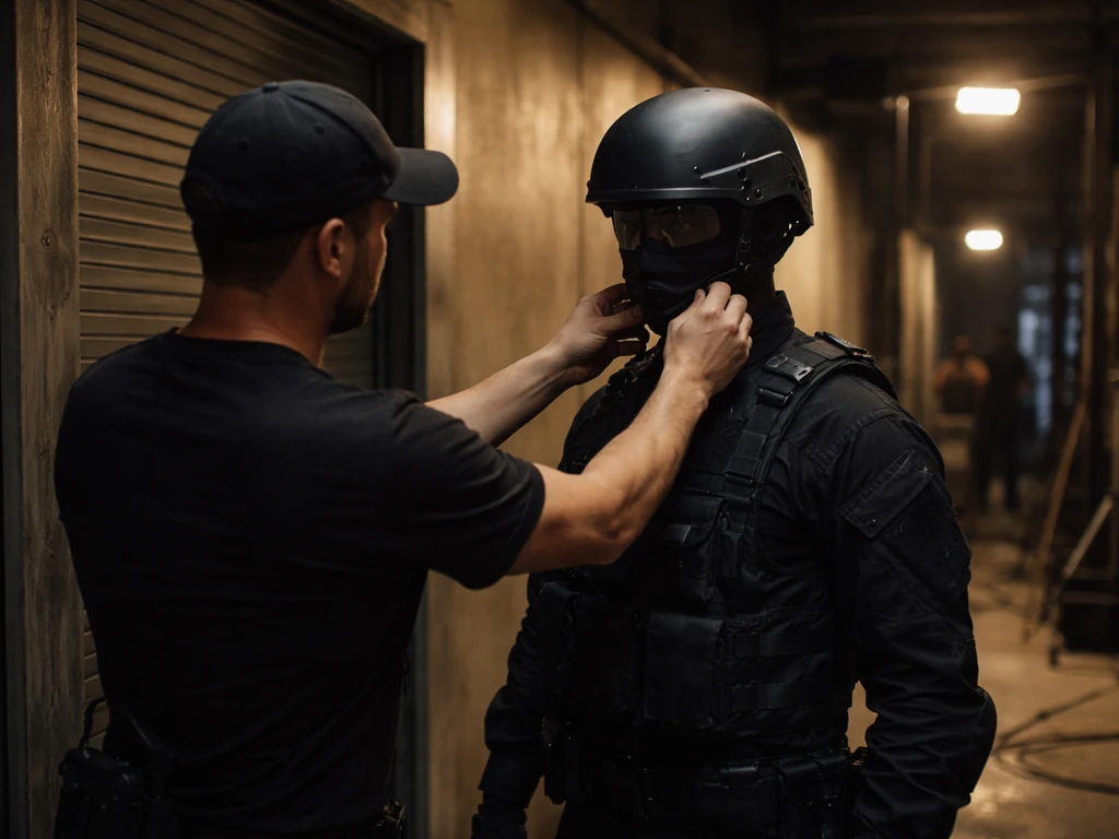 Anonymous stunt coordinator adjusting a helmet in a dim film set corridor with crew lights