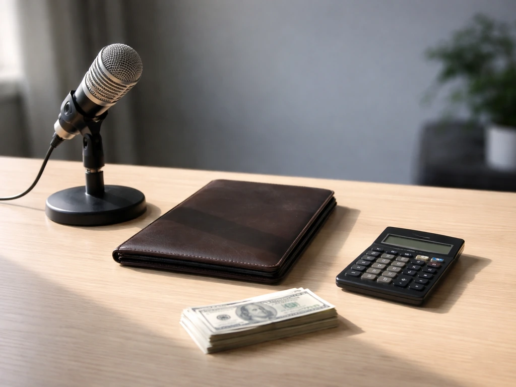 Minimal photo of a banker-style desk with scattered cash, a calculator, and a studio microphone for range estimate