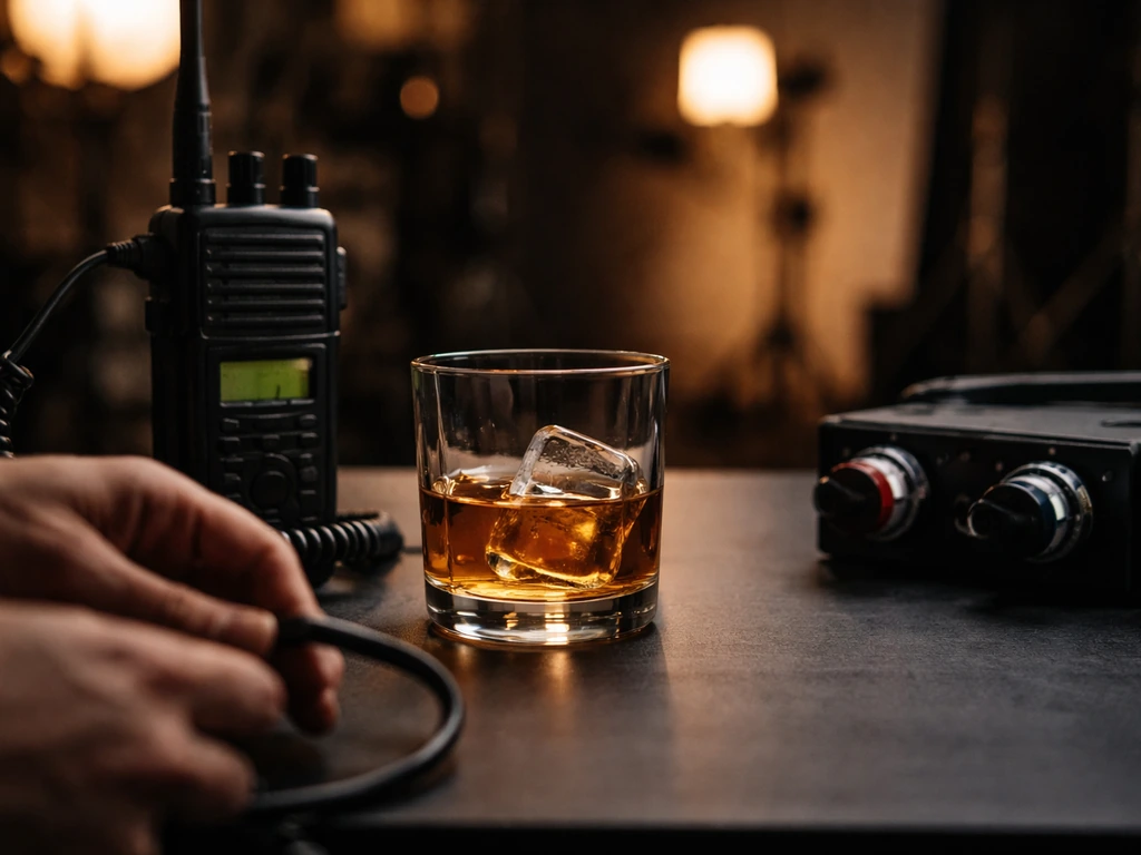 Warm-lit whiskey ad campaign still: two studio workers' hands near a branded glass on a desk
