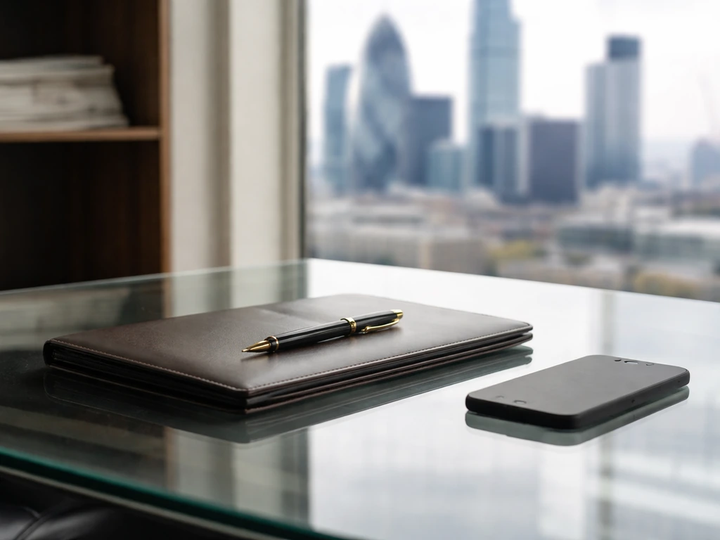 Minimal luxury office desk with portfolio and phone, with out-of-focus London buildings and media stacks behind.