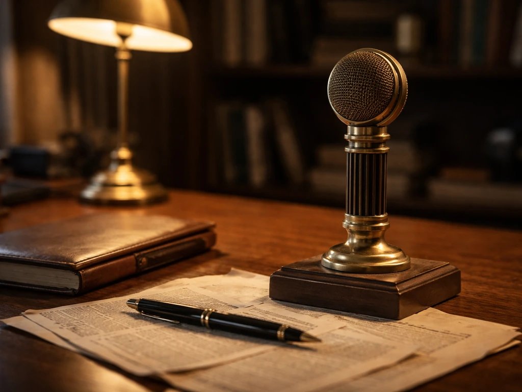 Quiet study with old newspaper clippings and a vintage pen beside a solid brass media-style microphone