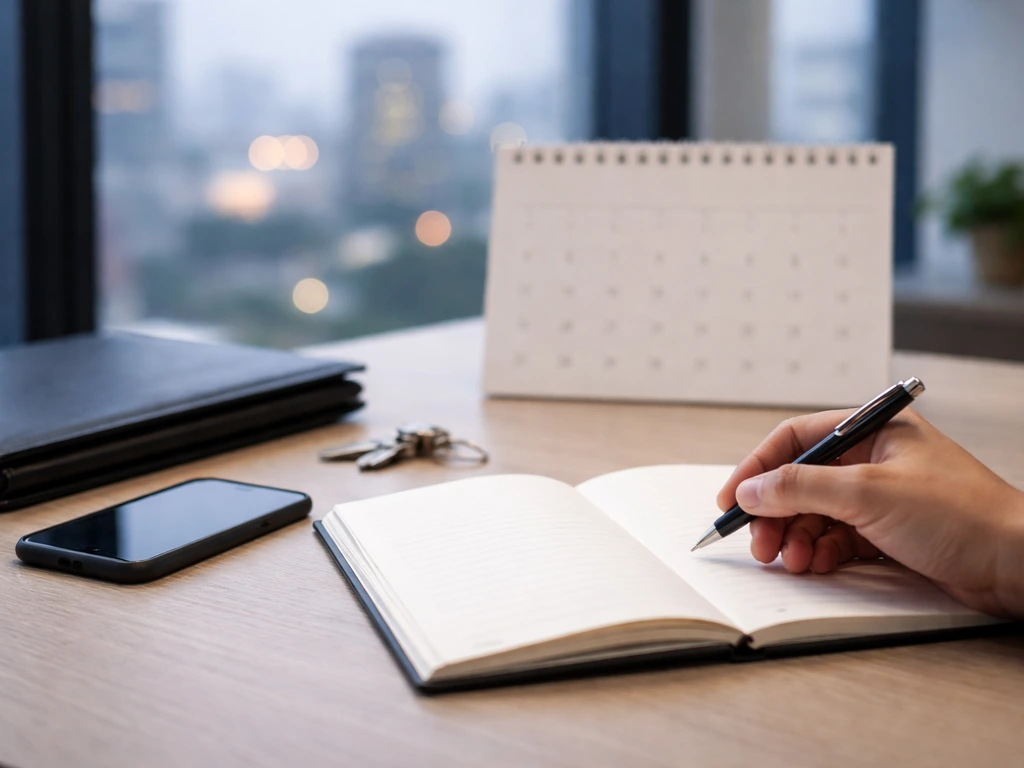 Desk setup with open notebook and calendar page suggesting a past valuation timeline for business estimation.