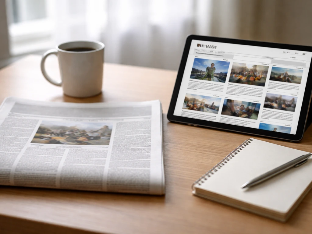 Minimal desk scene with a newspaper and tablet showing a generic news homepage for media publishing holdings.
