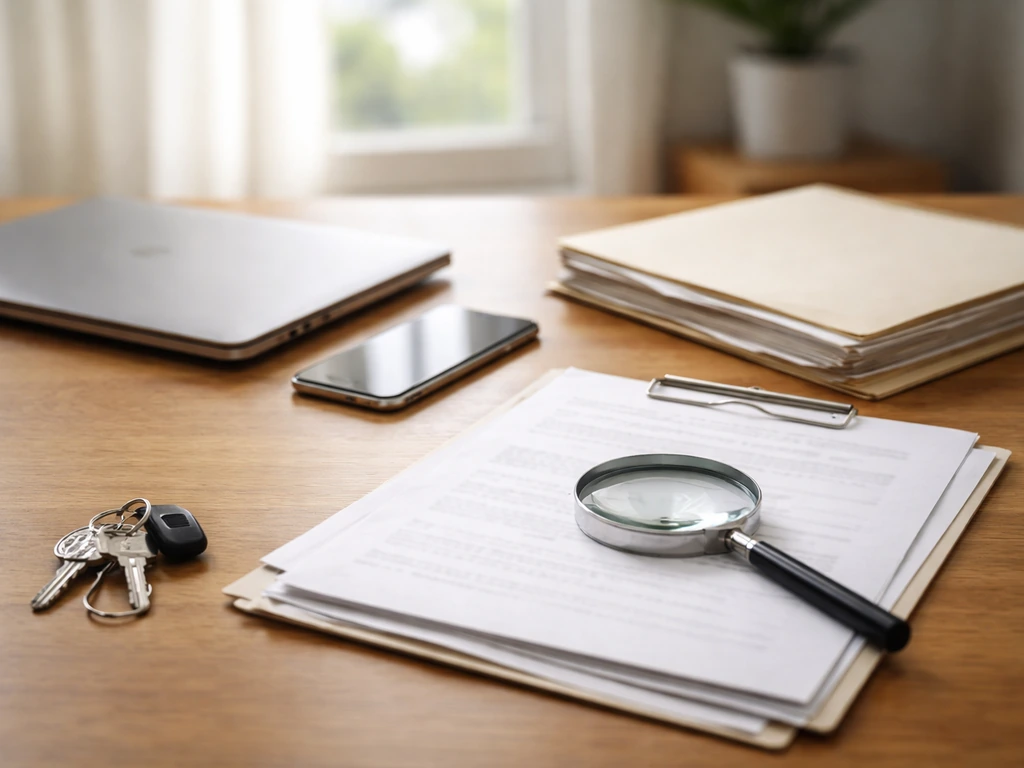 Desk scene with laptop, smartphone, blank papers, and a magnifying glass suggesting record verification workflow.