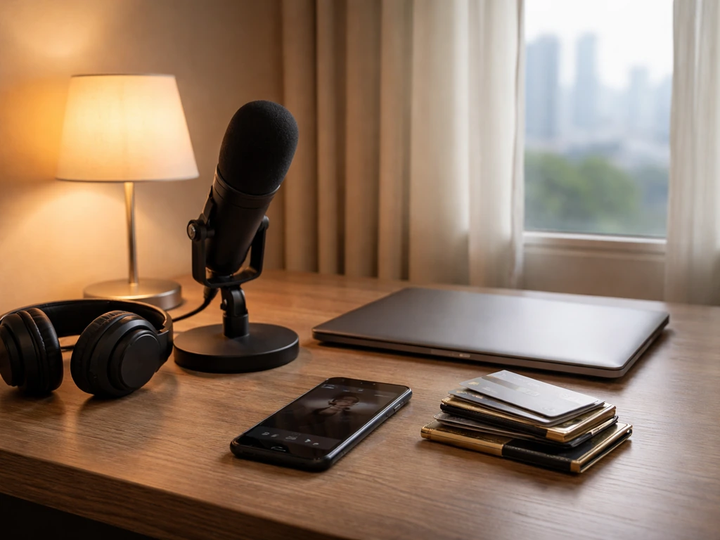Minimal desk scene with microphone and streaming gear, symbolizing gaming creator wealth interest.