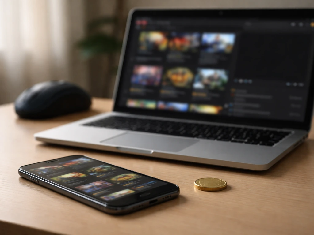 Minimal desk scene with a smartphone and laptop showing blurred gaming thumbnails, symbolizing YouTube ad revenue